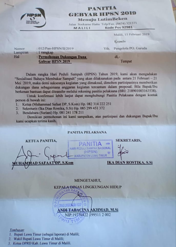 Hari Peduli Sampah di Lutim, Beredar Proposal Minta Bantuan Dana
