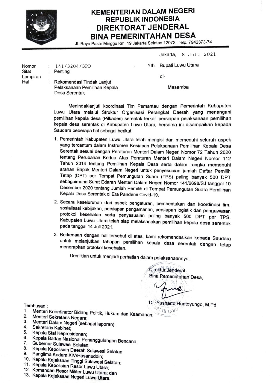 Alhamdulillah, Luwu Utara Terima Rekomendasi Pilkades Serentak 14 Juli 2021