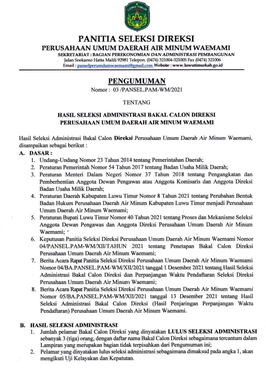 3 Calon Direksi PDAM Luwu Timur Dinyatakan Lolos Seleksi Administrasi Berikut Nama-namanya