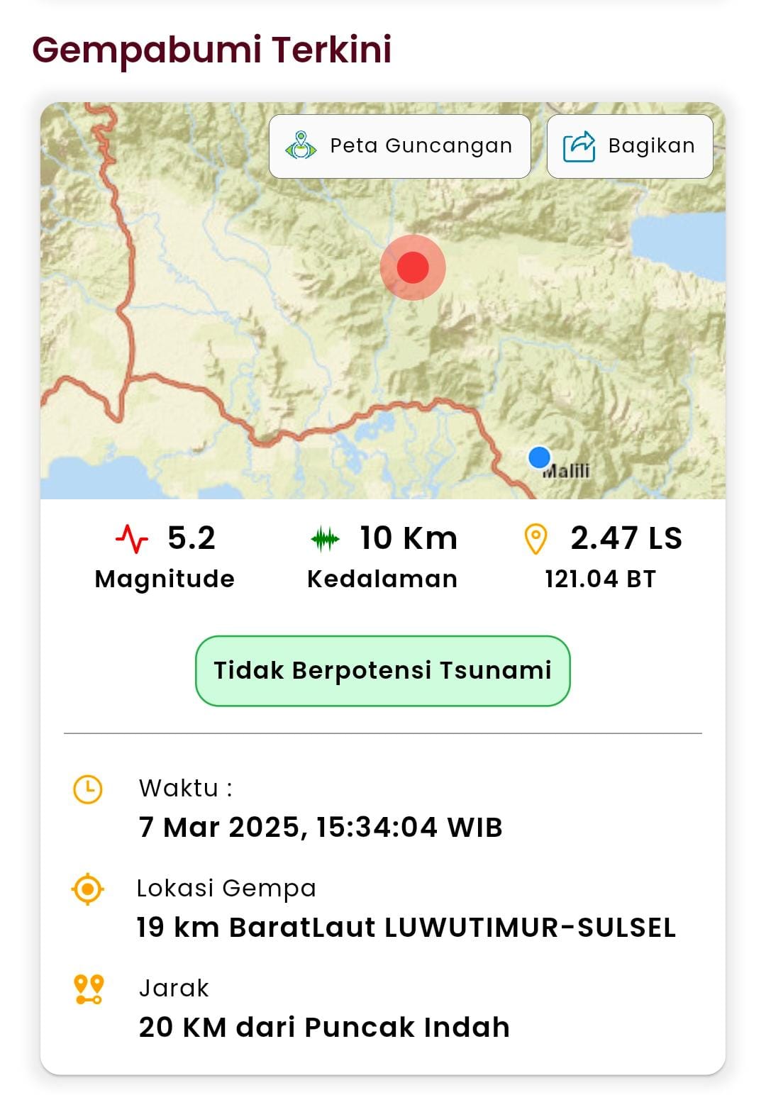 BREAKING NEWS : Gempa 5,2 SR Guncang Luwu Timur