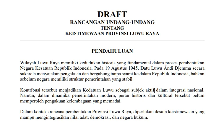 Semoga Terbentuk!! Draft Awal RUU Keistimewaan Provinsi Luwu Raya Dipublikasikan
