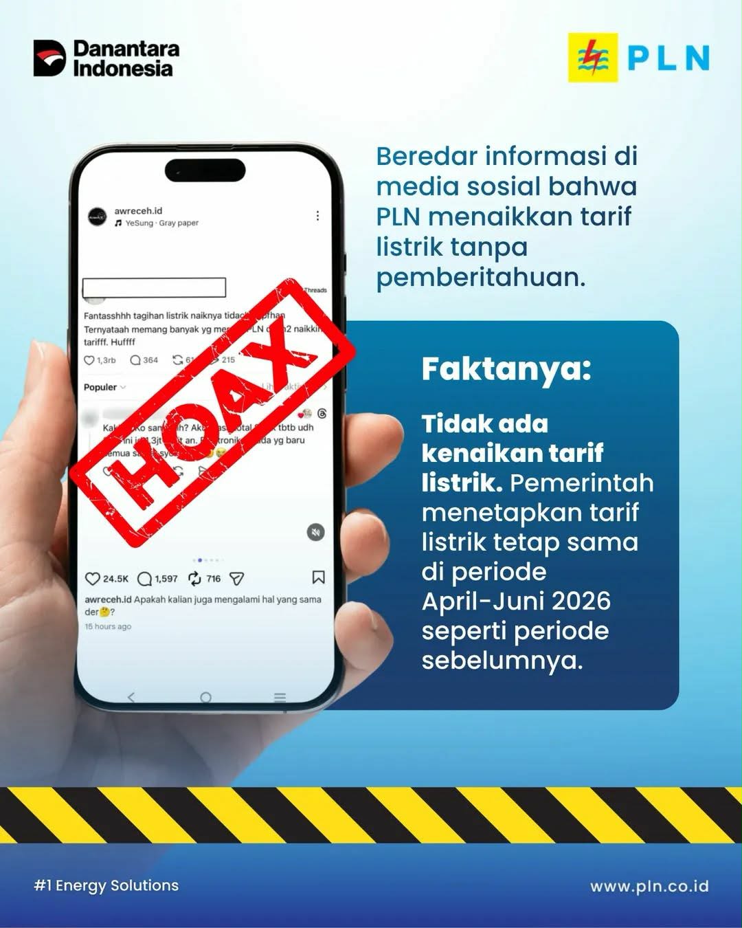 PLN Pastikan Tidak Ada Kenaikan Tarif Listrik, Masyarakat Diimbau Waspadai Informasi Hoaks